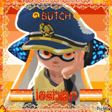 a picture of a girl with a hat that says butch lesbian on it