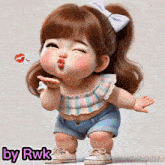 a little girl blowing a kiss with the words by rwk below
