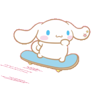 a cartoon rabbit is riding a blue skateboard with clouds on it