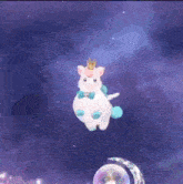 a stuffed unicorn with a crown on its head is flying in the air .