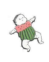 a drawing of a baby wearing a watermelon outfit with a heart above his head