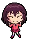 a pixel art drawing of a girl with purple hair and a red sweater .