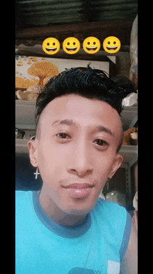 a man wearing a blue shirt with smiley faces around his head