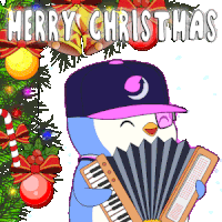 a penguin playing an accordion with the words merry christmas above him