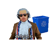 a man in a costume says delete ts in front of a blue trash can