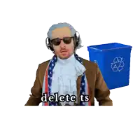 a man in a costume says delete ts in front of a blue trash can