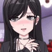 a close up of a black haired anime girl wearing a choker and a jacket .