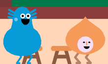a blue cartoon character sits on a stool next to an orange cartoon character on a chair