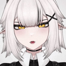 a close up of a girl 's face with a choker around her neck