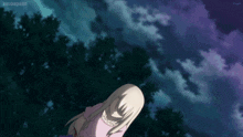 a girl in a pink dress stands in front of a cloudy sky with the word animepahe visible on the bottom right