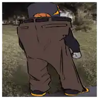 a drawing of a person wearing overalls and a hat standing on a sidewalk