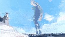 a statue of a woman with long hair is standing in front of a city