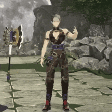 a man in a video game is standing in front of a rock wall