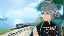 a video game character with gray hair and blue eyes