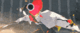 a cartoon character with a red head and white wings is flying in the air
