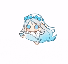 a drawing of a girl with long white hair and a wreath of blue flowers on her head