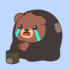 a cartoon of a bear crying with a cup in front of it