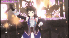 a girl in a purple dress and headphones is dancing in front of a stage with the number 80 on it