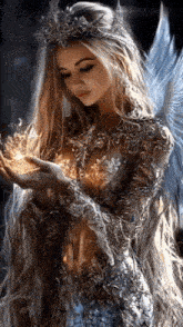 a woman with long hair and wings is wearing a crown and holding a fireball in her hands .