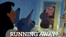 a cartoon of stitch looking at a monster with the caption running away