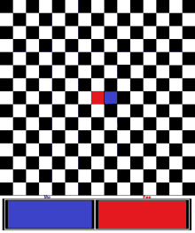 a black and white checkered board with a red and blue square in the middle .