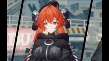 a girl with red hair is wearing a black jacket and a hat