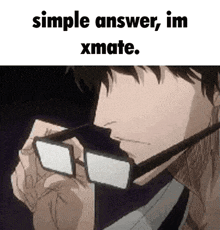 a man wearing glasses with the words simple answer , im xmate written above him .