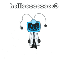 a cartoon character with a tv head and a white coat says hellooooo