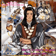 a man in a kimono is surrounded by utensils and flowers and says there is more to you than meet