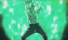 a man without a shirt is dancing in front of a green background ..