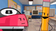 a pool ball and a pencil are in a classroom with a bulletin board that says lily