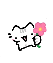 a drawing of a cat with a pink flower in its mouth .