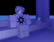 a person with a star on their shirt is sitting on a bench in a dark room .