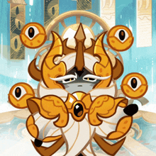 a cartoon character with a beard and horns has many eyes