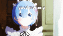 a blue haired anime girl with the words good morning written on her face