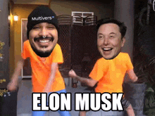 a man with a beanie that says multivers on it is dancing next to elon musk