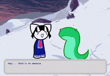 a cartoon of a cat and a green snake with the words hey that 's so meanie