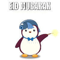 a penguin is wearing a fish hat and holding an umbrella with the words eid mubarak written on it