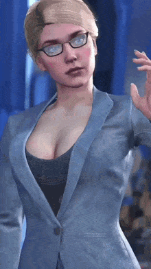 a woman in a suit and glasses is standing in front of a blue background .