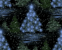 a christmas tree is surrounded by trees and snow on a black background
