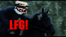 a pixel art of a man riding on the back of a horse with the words lfg in red