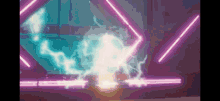a purple and blue lightning bolt is coming out of a purple neon sign .