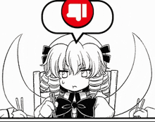 a black and white drawing of a girl sitting at a table with chopsticks and a speech bubble .