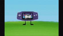 a cartoon drawing of a game boy standing in a grassy field