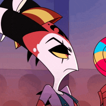 a close up of a cartoon character with a purple jacket