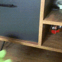 a wooden shelf with a gray door and a red object on it