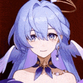 a close up of a girl with blue hair and a halo around her head