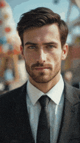 a man with a beard wearing a suit and tie looks at the camera
