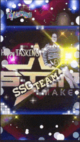 a woman sits in front of a star that says ssg team