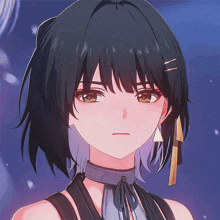 a close up of a girl with short hair and a choker